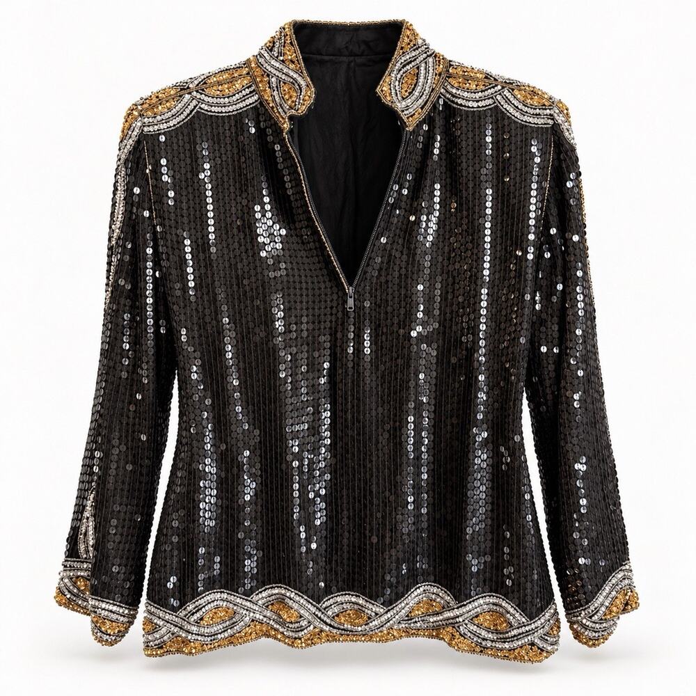 VTG Jean For Joseph Le Bon 100% Silk Sequin Top Black Gold Silver Beaded M